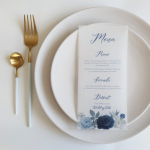 Menu in carta vellum peonie blu Traslucido