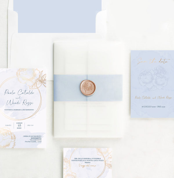 Skyla Wedding Suite. Partecipazione e coordinato in carta per matrimonio.